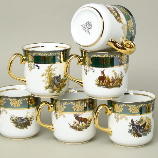 Hrnek Gustav 0,31 l, Myslivecký zelený, 6 ks., zlatý listr, porcelán QueensCrown