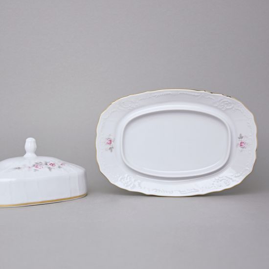 Gold line: Butter dish 250 g, Thun 1794 Carlsbad porcelain, BERNADOTTE roses