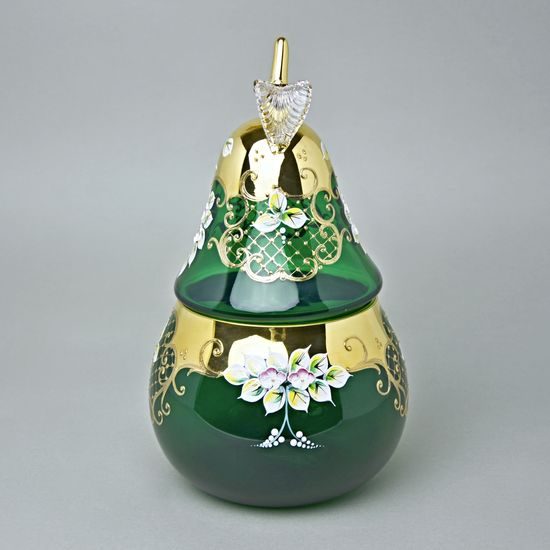 Dose "Pear" round, dark green 28 cm, emanel + gold, Nový Bor glass