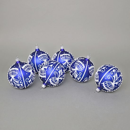 Onion Pattern Christmas Tree Decoration Balls, 8 cm BLUE - 6 pcs. Set, Czech Glass christmas decorations