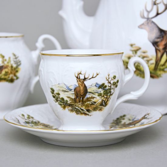 Coffee set for 6 persons, Thun 1794 Carlsbad porcelain, BERNADOTTE hunting