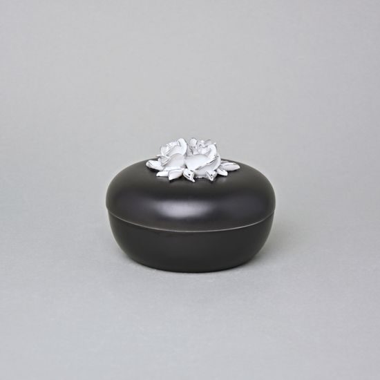 Dóza s růžemi nízká 8 x 11 cm, Černý fond + platina, Porcelán Duchcov