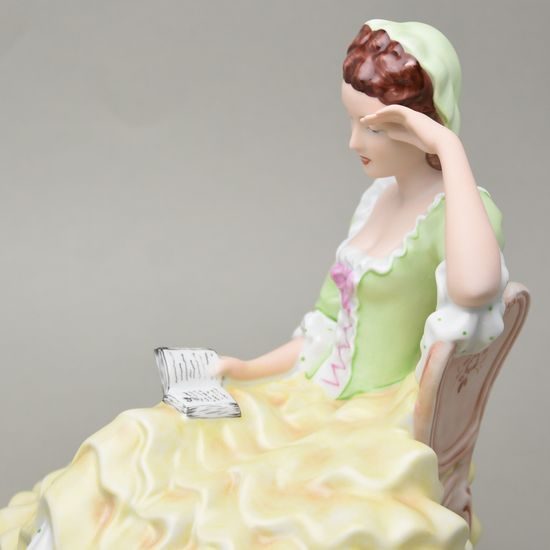 Lady with book, large, 22,5 x 32,5 x 26,5 cm, green - yellow, Royal Dux Bohemia