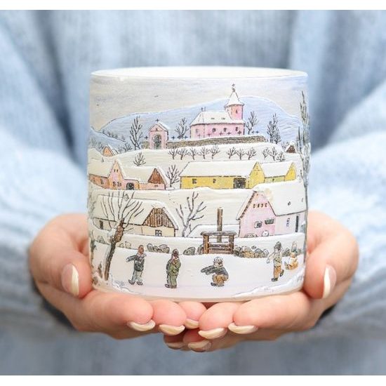 Tea light Latern 10 cm with 3D illustration of JOSEF LADA "Winter", Glassor