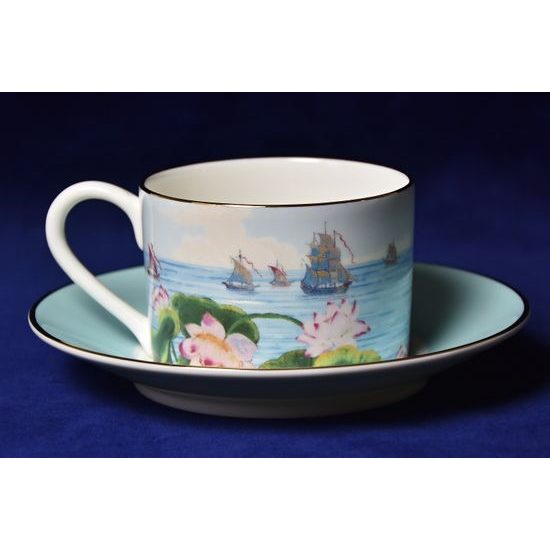 Blenheim Palace - Indian Room, Lotos and ships: Cup 200 ml and saucer breakfast, English Fine Bone China, Roy Kirkham