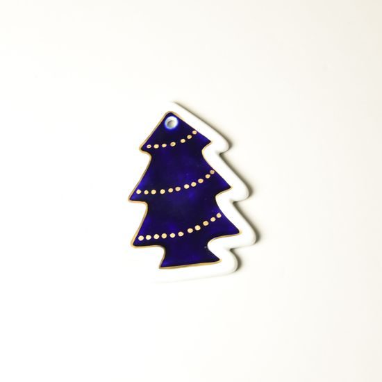 Vánoční ozdoba - stromek 11 cm, kobalt + zlato, porcelánové figurky Duchcov