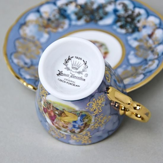 Šálek 80 ml mokka a podšálek 11,5 cm, 2 ks. + krabička, Tři Grácie, bledě modrý listr, Prince porcelain 1925