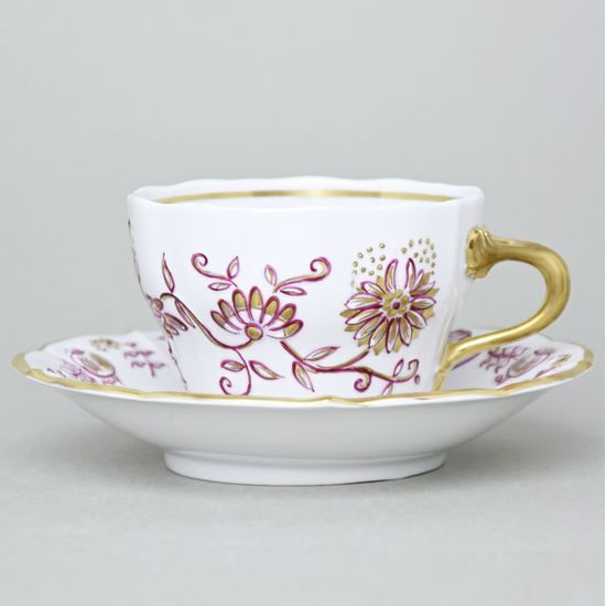 Elegance: Cup 0,21 l + saucer 16 cm, Gold + Pink, Hand-decorated by Vilém Janoušek, Český porcelán a.s