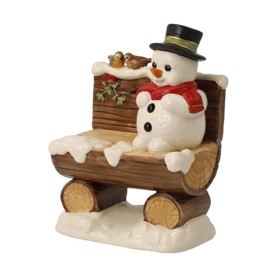 Sněhulák na lavičce s dvěma ptáčky, 7,5 / 5 / 10,5 cm, kamenina, Vánoce, Goebel