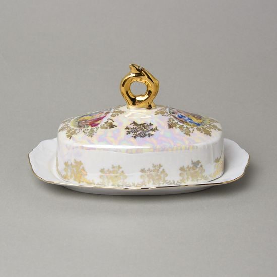 Máslenka na 250 g máslo, Tři Grácie, Zlatý listr, porcelán QueensCrown