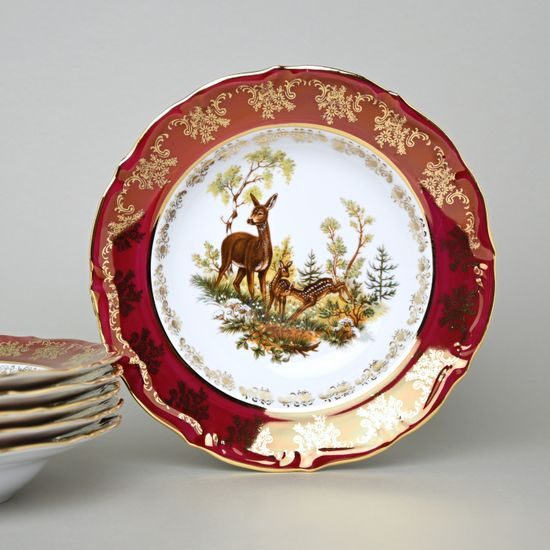 Plate deep 23 cm, set of 6 pcs., Hunting - ruby red, Carlsbad porcelain