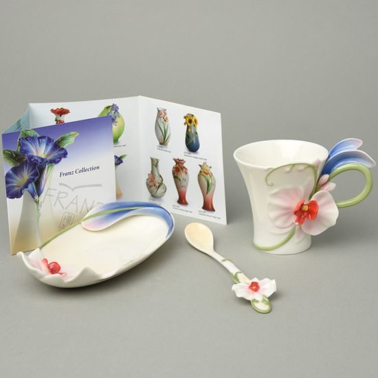 Graceful orchid design sculptured porcelain cup and saucer + spoon, Porcelain FRANZ