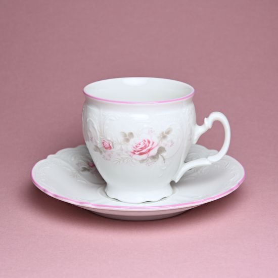 Pink line: Coffee cup and saucer 220 ml / 16 cm, Thun 1794 Carlsbad porcelain, BERNADOTTE roses