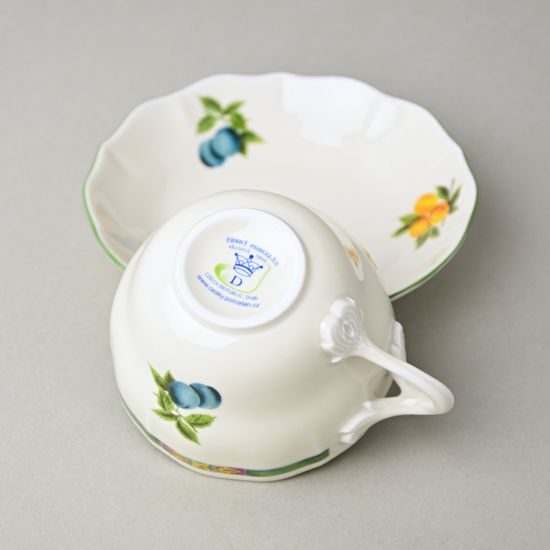 Šálek a podšálek B plus B 0,21 l / 14 cm na kávu, slonová kost s dekorací ovoce, Český porcelán a.s.