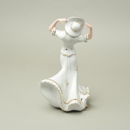 Dáma s kloboukem 16 x 11 x 23 cm, bílá + zlato, Porcelánové figurky Duchcov (2.j.)