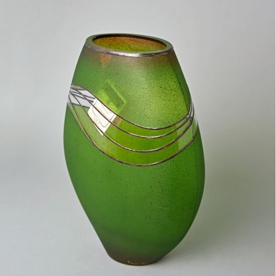 Studio Miracle: Vase Oval, Green-Brown, 30 cm, Hand-decorated by Vlasta Voborníková