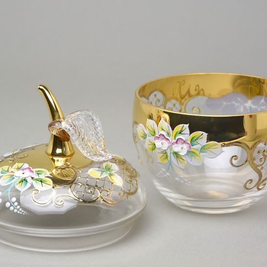 Křišťálová dóza "Jablko" kulatá malá, v. 16 cm, zlato + smalt, Jahami Bohemia