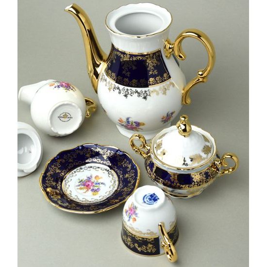 Coffee set for 6 pers., Ophelie 677, cobalt + flowers + gold, Stará Role Moritz Zdekauer