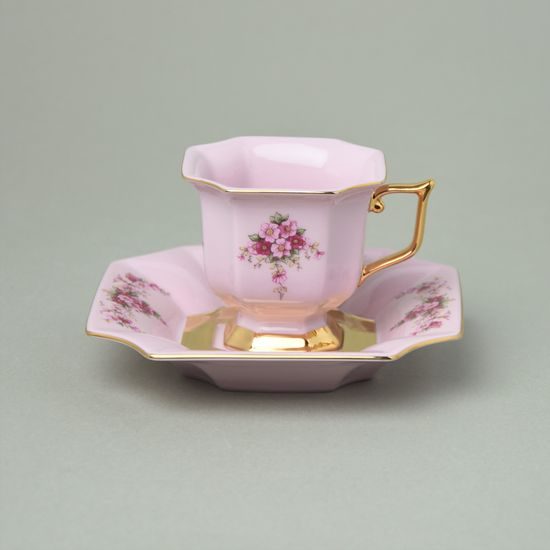 Šálek 130 ml a podšálek kávový 14 cm, Empír krásenky, Růžový porcelán z Chodova