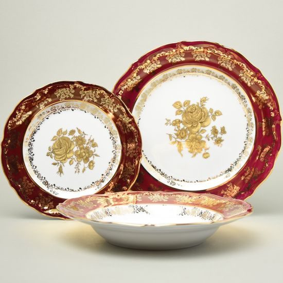 Plate set for 6 pers., ruby + gold rose, Carlsbad porcelain