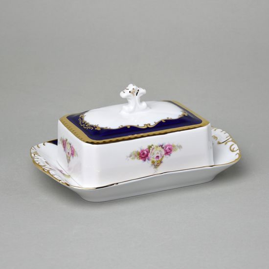 440: Butter dish for 250 g butter, Sonáta, cobalt + gold + roses, Leander Loučky