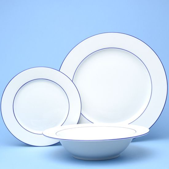 Talířová sada Ella pro 6 osob s objemným hlubokým talířem, modré proužky, Thun 1794, karlovarský porcelán