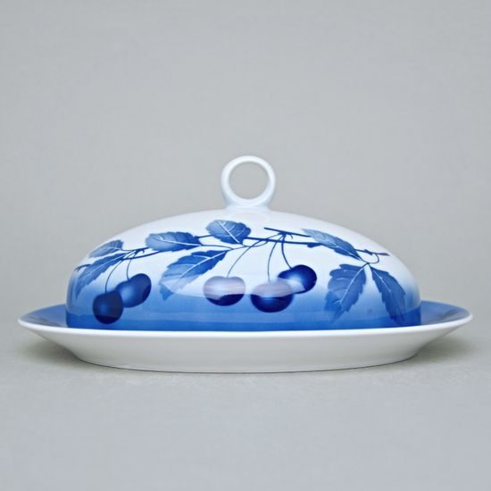 Butter dish oval Cairo 250 g, Thun 1794 Carlsbad porcelain, BLUE CHERRY