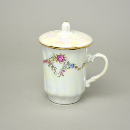 Mug Devon with lid 270 ml - pearl + gold + rose decor, Thun 1794 karlovarský porcelán