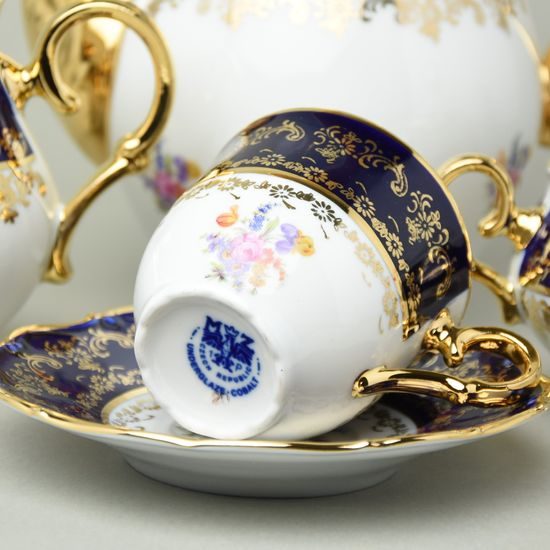 Coffee set for 6 pers., Ophelie 677, cobalt + flowers + gold, Stará Role Moritz Zdekauer