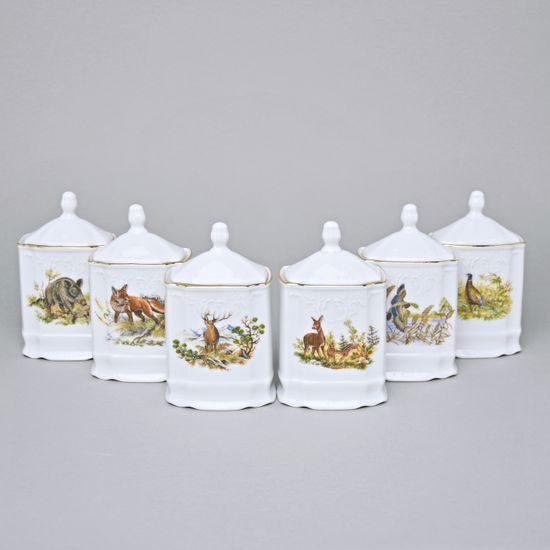 Kořenková souprava, 6 koř., Thun 1794, karlovarský porcelán, BERNADOTTE myslivecká
