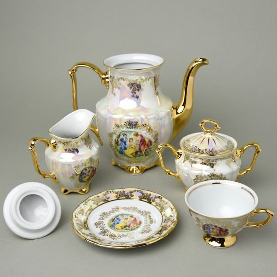 Kávová sada pro 6 osob, MALÉ NÍZKÉ ŠÁLKY, Tři Grácie, zlatý listr, Carlsbad