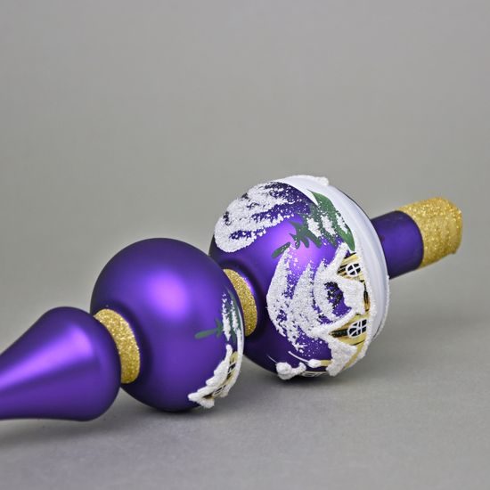 Vánoční skleněná špička na stromeček 33 cm, fialová + malovaná zima, Česká ruční práce