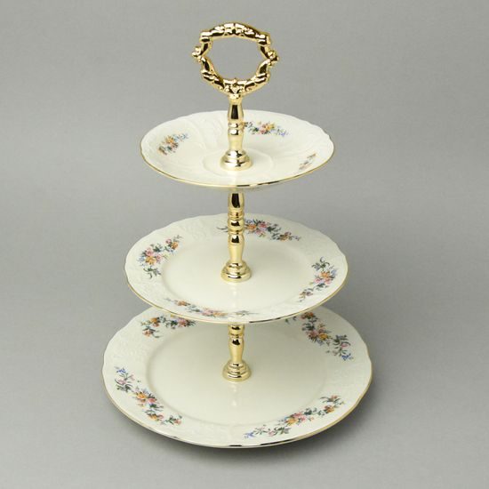 Cake stand 3 pcs. 34 cm, Thun 1794, karlovarský porcelán, BERNADOTTE ivory + flowers + gold line