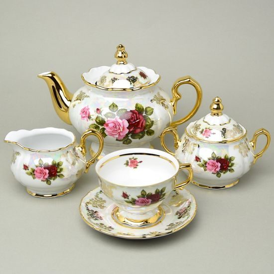 Tea set for 6 persons, Cecily roses, QueensCrown porcelain