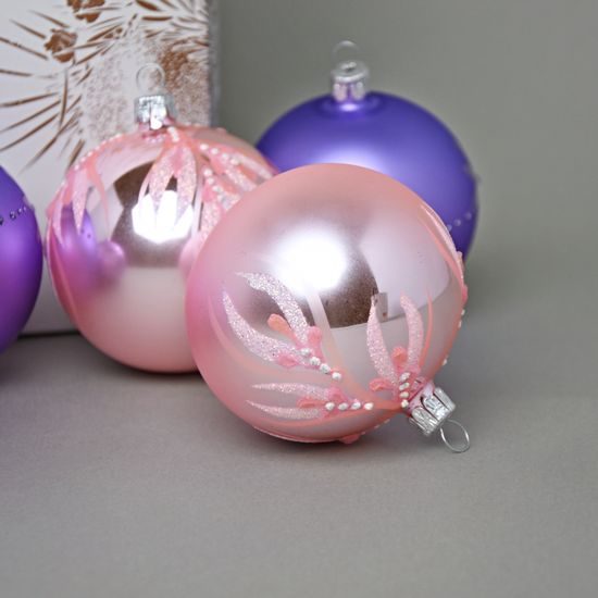 Vánoční skleněné koule 6 ks. sada, 10 cm, Fialová & růžová, České vánoční ozdoby KOULIER