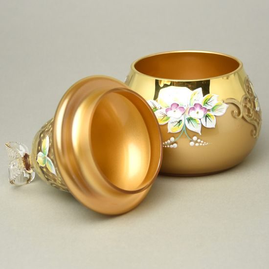 Křišťálová dóza "Hruška" kulatá ZLATÁ, v. 20,5 cm, zlato + smalt, Jahami Bohemia