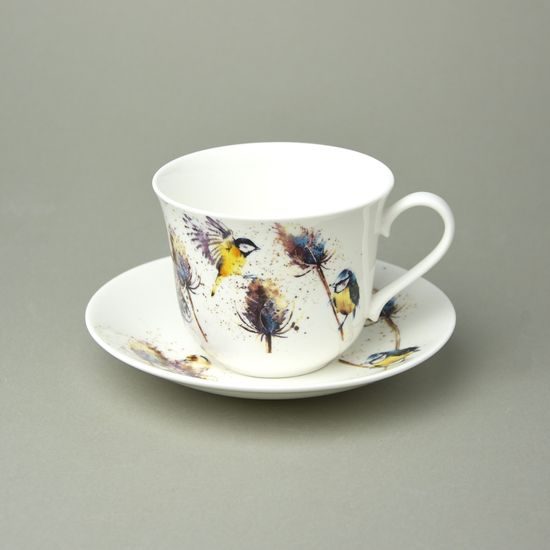 Ptáčci na bodláku: Šálek 420 ml a podšálek 17 cm snídaňový, anglický kostní porcelán Roy Kirkham