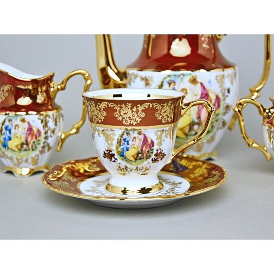 Coffee set for 6 pers., The Three graces, gold + pearl ruby red, Queen's Crown