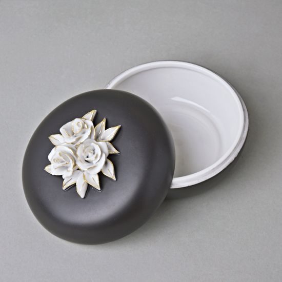 Dóza s růžemi nízká 8 x 11 cm, Černý fond + zlato, Porcelán Duchcov