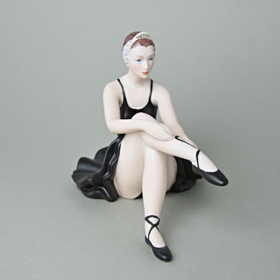 Ballet Dancer In Dressing Room - Black Dress, 22 x 12 x 17 cm, Natur + Black fond + Gold, Porcelain Figures Duchcov