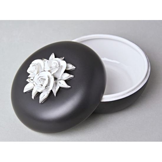 Dóza s růžemi nízká 8 x 11 cm, Černý fond + platina, Porcelán Duchcov