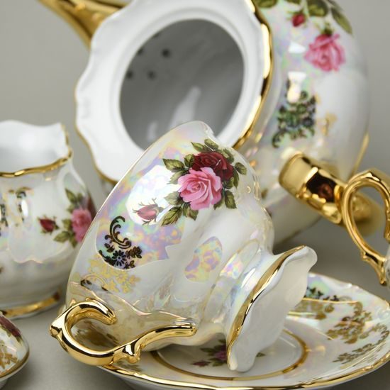 Tea set for 6 persons, Cecily roses, QueensCrown porcelain