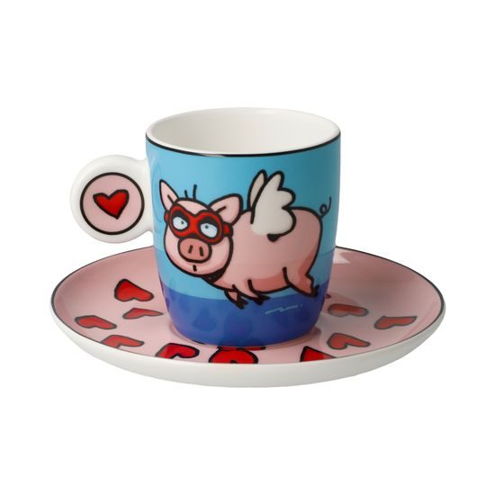 Espresso šálek a podšálek When Pigs Fly 100 ml, jemný kostní porcelán, Ed Heck, Goebel