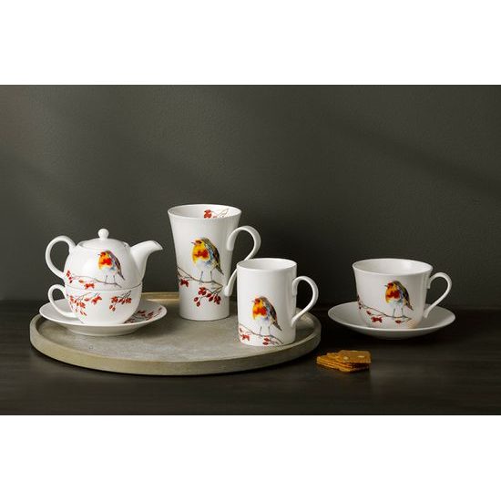 Robin: Mug 325 ml and saucer breakfast, English Fine Bone China, Roy Kirkham