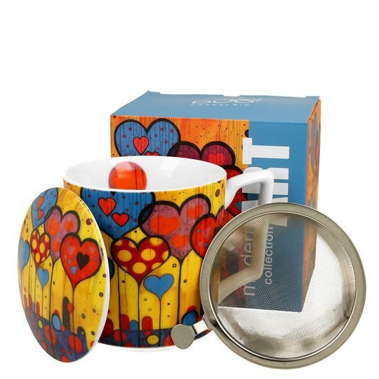 Mug 400 ml with lid and steel strainer, Modern Hearts, porcelain Duo Gifts