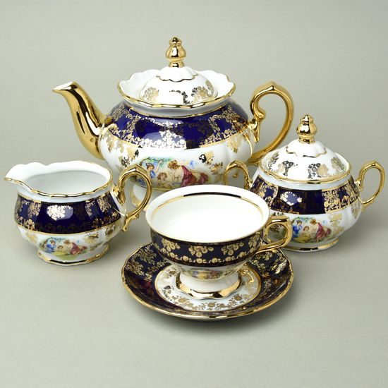 Tea set for 6 pers., The Three Graces + gold + COBALT, Queens Crown porcelain