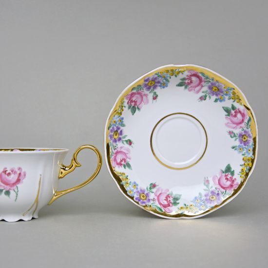 Cup 200 ml And Saucer Aneta, Gold + Flowers, Hand-decorated by Vilém Janoušek, Český porcelán a.s