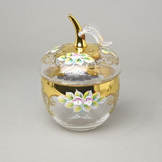 Křišťálová dóza "Jablko" kulatá malá, v. 16 cm, zlato + smalt, Jahami Bohemia