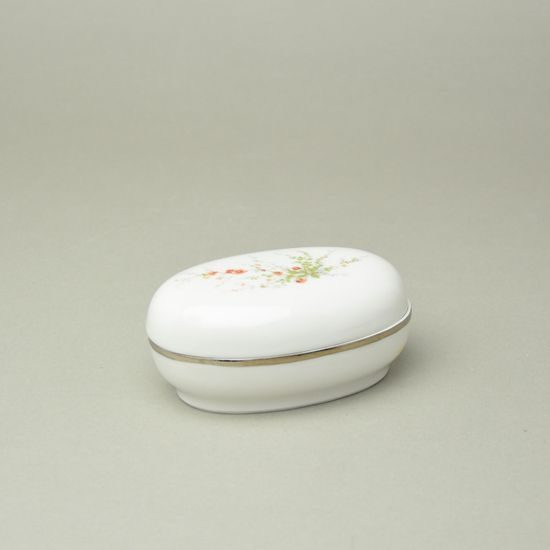 Dóza ovalná 12 x 8 cm, Bílá + platina + dekor, Porcelán Duchcov