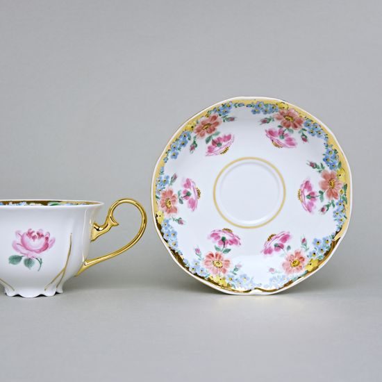 Cup 200 ml And Saucer Aneta, Gold + Flowers, Hand-decorated by Vilém Janoušek, Český porcelán a.s